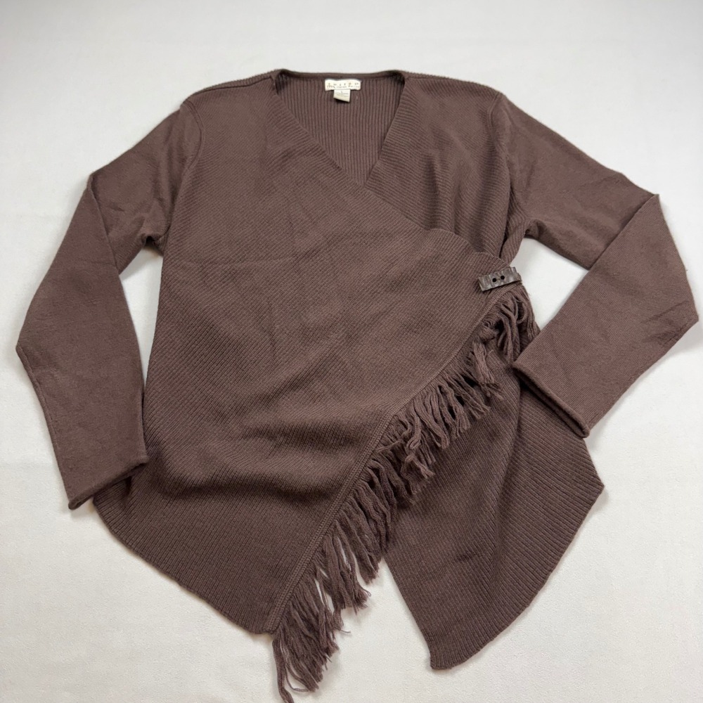 Tweeds‎ Brown 100% Italian Merino Wool Fringe Wrap Cardigan Sweater Womens Large